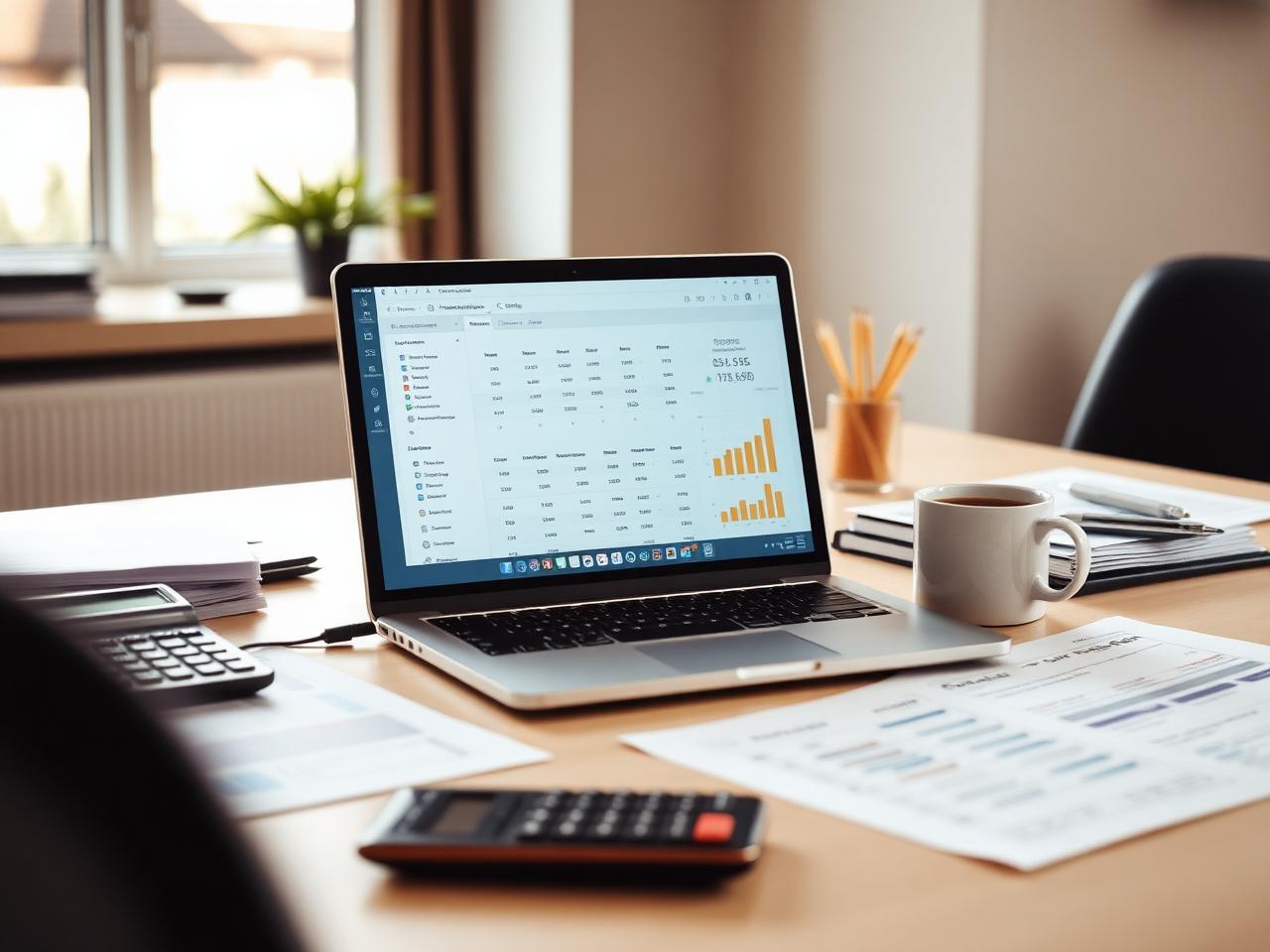 Accounting workspace with financial statements and bookkeeping software
