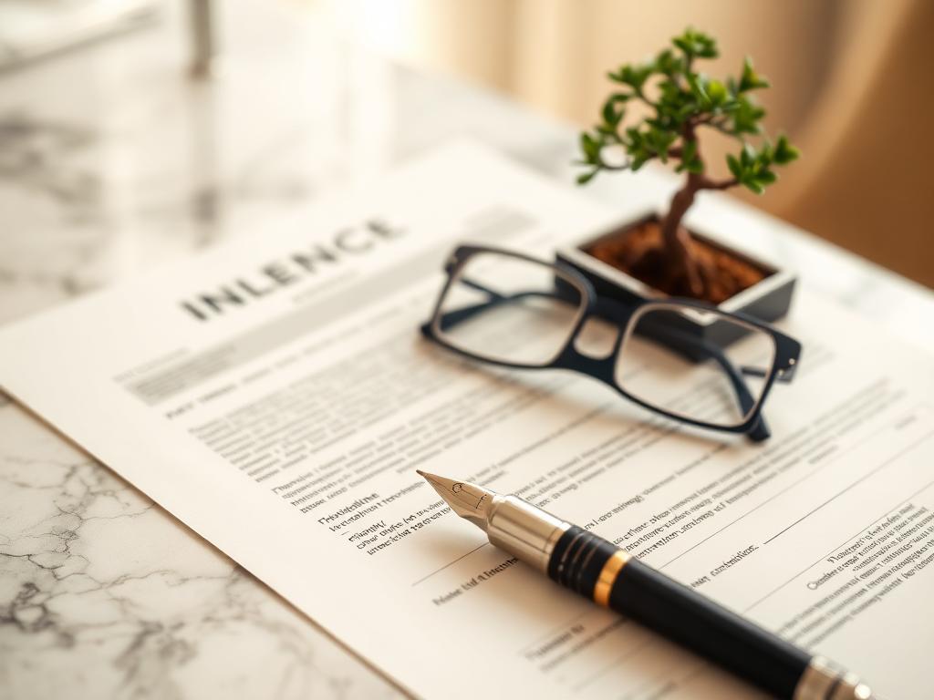 Elegant financial documents, fountain pen, and reading glasses on a marble desk