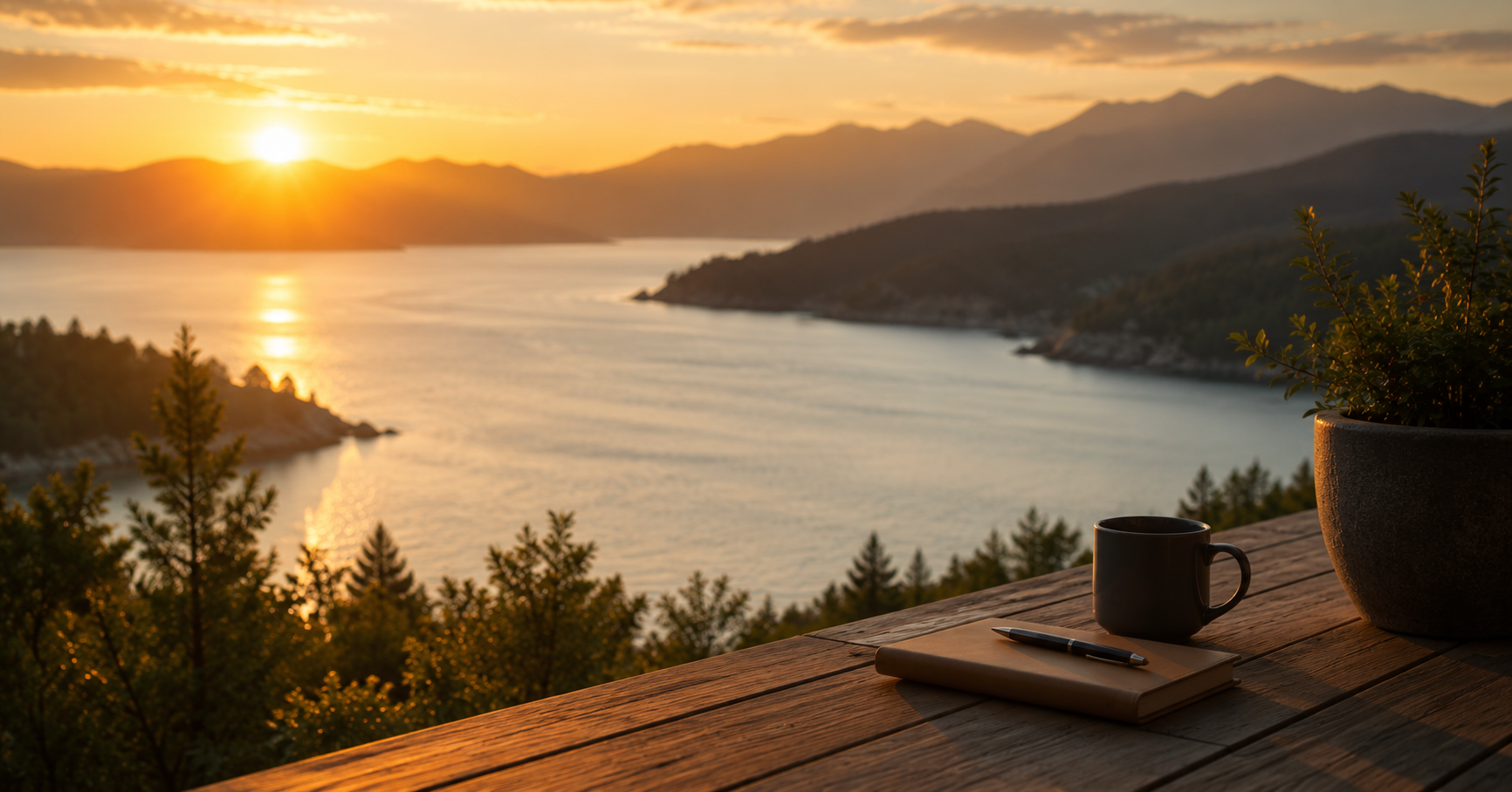 A tranquil sunrise over a mountain lake with a coffee and journal on a wooden deck