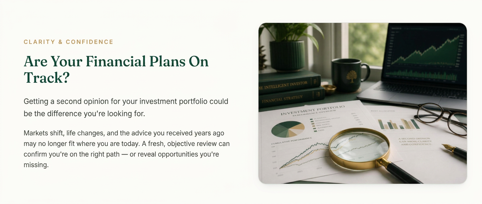 A magnifying glass reviewing an investment portfolio performance report