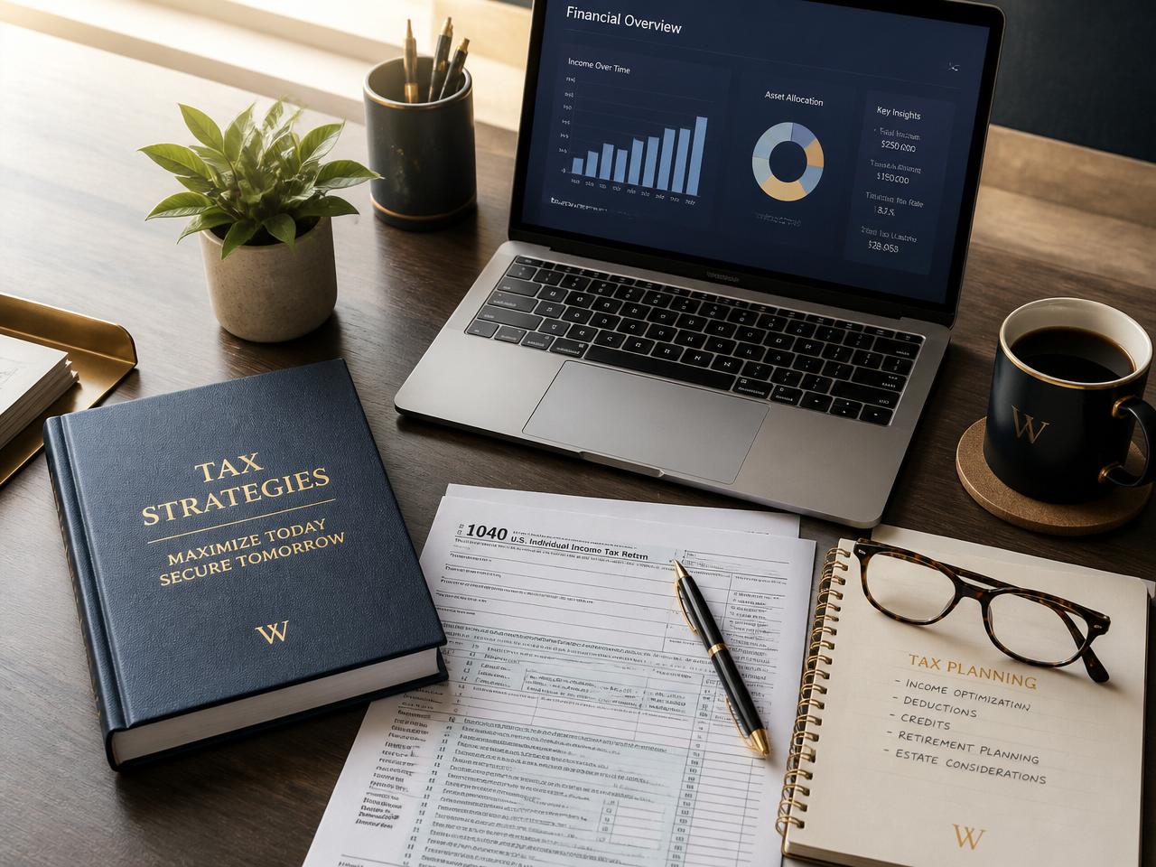 Tax planning documents, financial charts, and advisor tools on a desk